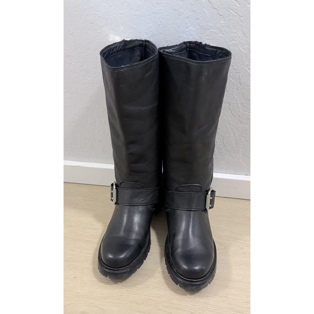 Frye Samantha Zip Tall Black Leather Moto Boots Size 7B Buckle Lug Soles - Picture 4 of 7